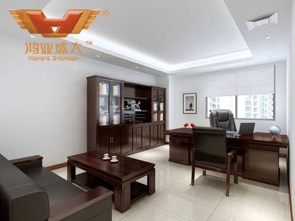 鴻業(yè)設(shè)計師根據(jù)要點(diǎn)2，為客戶設(shè)計的3D總經(jīng)理辦公室家具擺放效果圖解決方案