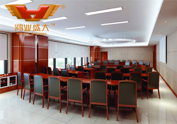 鴻業設計師根據要點2，為客戶設計的3D會議室家具擺放效果圖解決方案